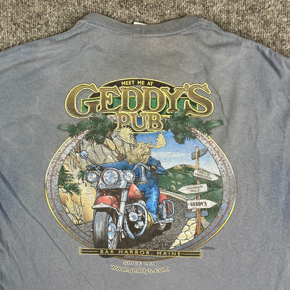 Geddys Pub T-Shirt Mens Size XL‎ Blue Graphic Motorcycle Pub Bar Harbor Maine